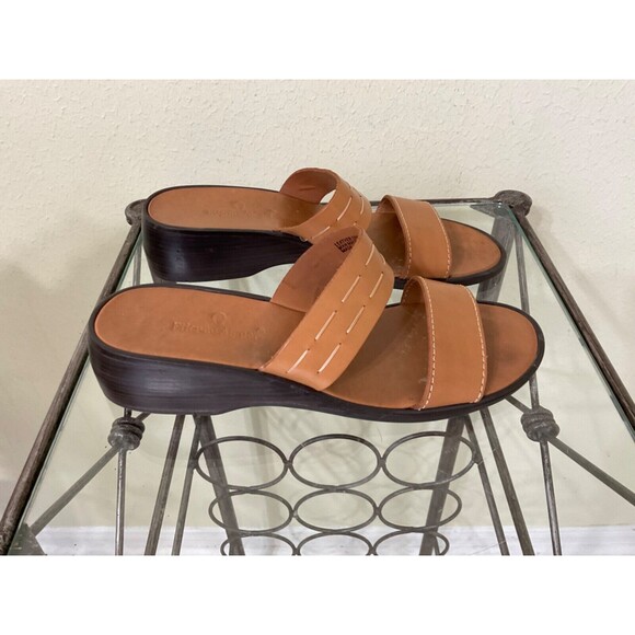 Etienne Aigner Leather Sandals women’s size 8.5 Tan Wedge Heel Slides - Picture 1 of 11